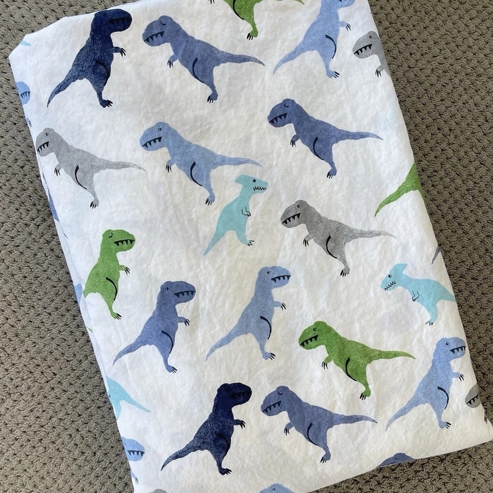 Pottery Barn Kids Warren Dinosaur TWIN FLAT Sheet Organic Cotton White Blue